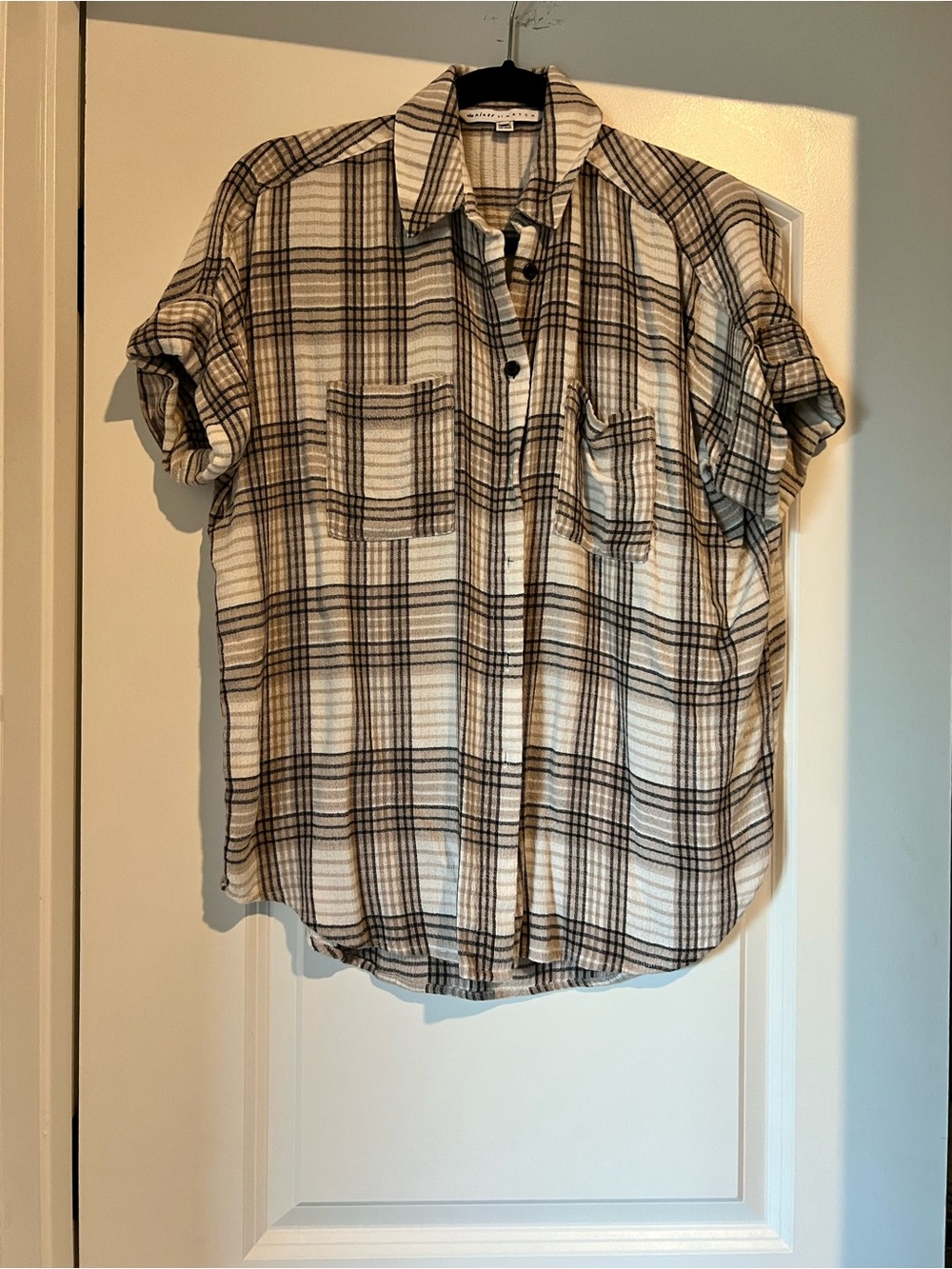 The Nines by HATCH Short-Sleeve Plaid Button-Down in Cream and Brown
